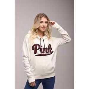 Victoria's Secret PINK Cream Pullover Hoodie with Maroon Embroidered Logo Size S